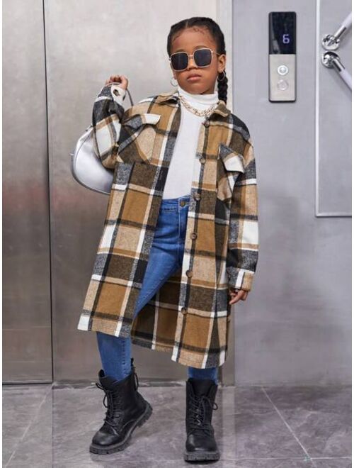 SHEIN Kids Cooltwn Tween Girl Plaid Flap Pocket Drop Shoulder Overcoat