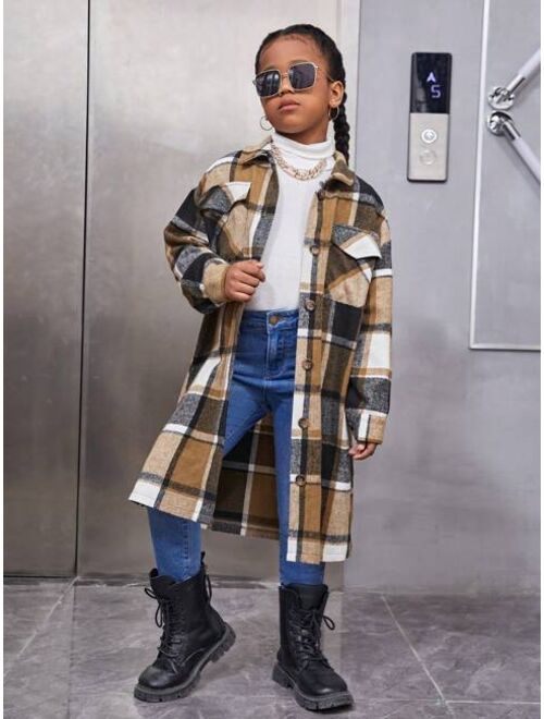 SHEIN Kids Cooltwn Tween Girl Plaid Flap Pocket Drop Shoulder Overcoat