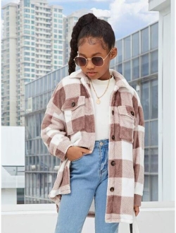 SHEIN Kids Cooltwn Girls Buffalo Plaid Flap Pocket Drop Shoulder Teddy Coat