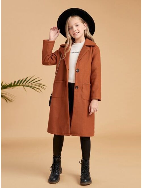 SHEIN Girls Lapel Neck Button Front Patch Pocket Overcoat