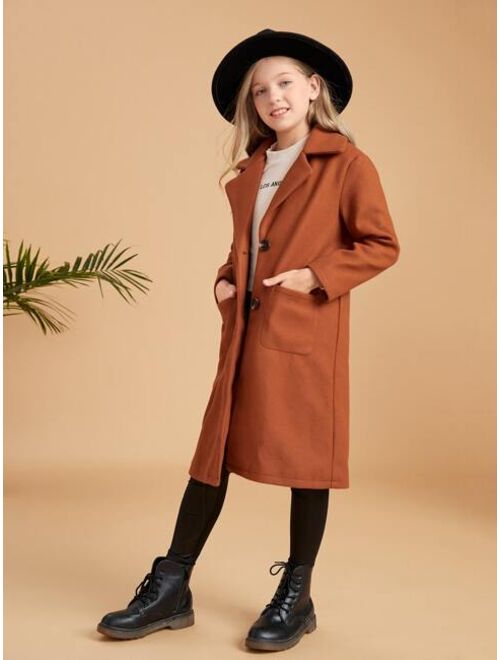 SHEIN Girls Lapel Neck Button Front Patch Pocket Overcoat