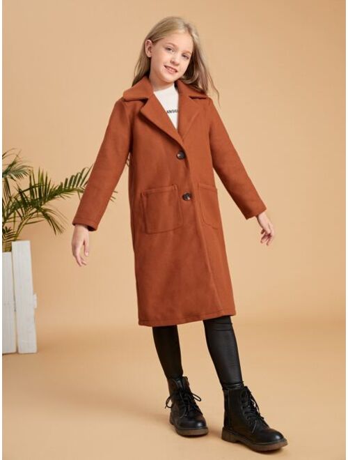 SHEIN Girls Lapel Neck Button Front Patch Pocket Overcoat