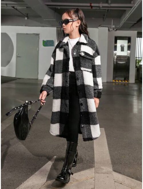 SHEIN Tween Girl Buffalo Plaid Print Drop Shoulder Flap Pocket Coat