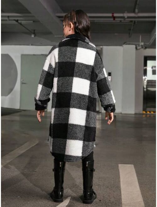 SHEIN Tween Girl Buffalo Plaid Print Drop Shoulder Flap Pocket Coat