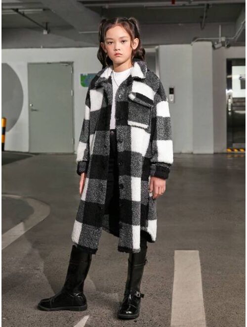 SHEIN Tween Girl Buffalo Plaid Print Drop Shoulder Flap Pocket Coat