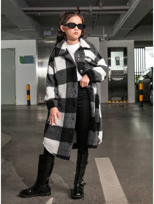 SHEIN Tween Girl Buffalo Plaid Print Drop Shoulder Flap Pocket Coat