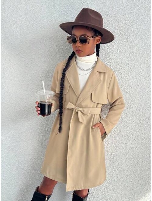 SHEIN Tween Girl Everyday Casual Solid Color Woven Trench Coat With Lapel Collar