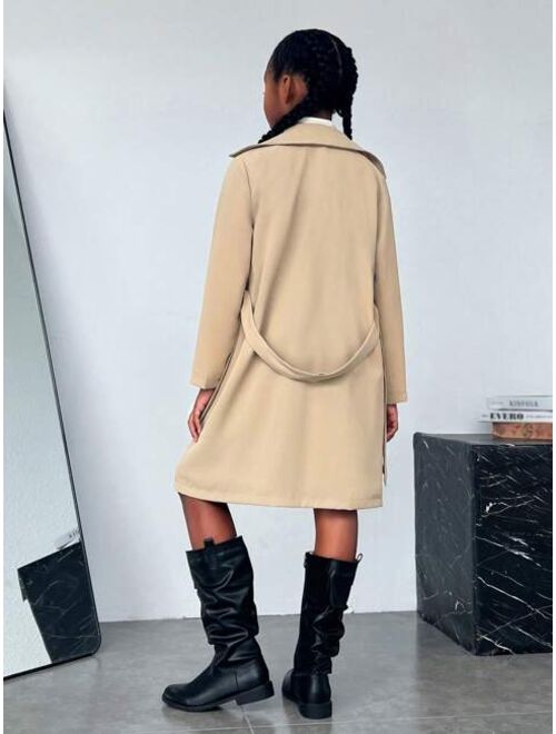 SHEIN Tween Girl Everyday Casual Solid Color Woven Trench Coat With Lapel Collar