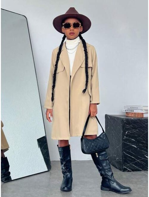 SHEIN Tween Girl Everyday Casual Solid Color Woven Trench Coat With Lapel Collar