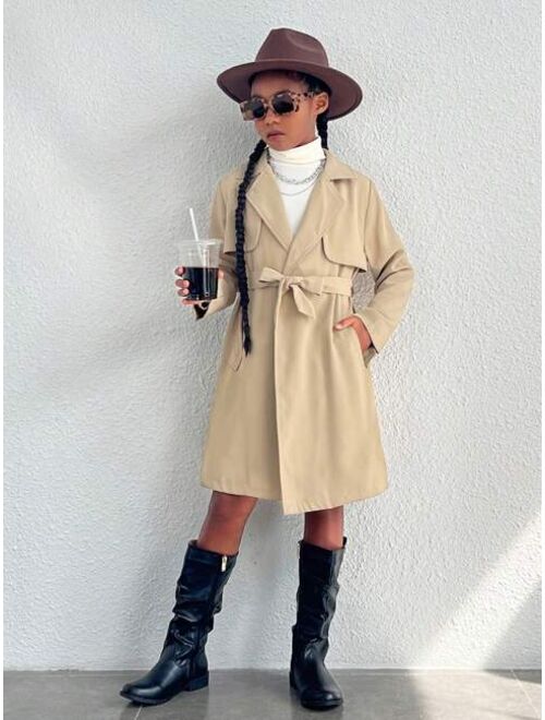 SHEIN Tween Girl Everyday Casual Solid Color Woven Trench Coat With Lapel Collar