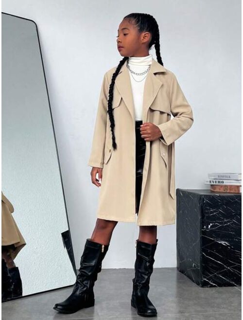 SHEIN Tween Girl Everyday Casual Solid Color Woven Trench Coat With Lapel Collar