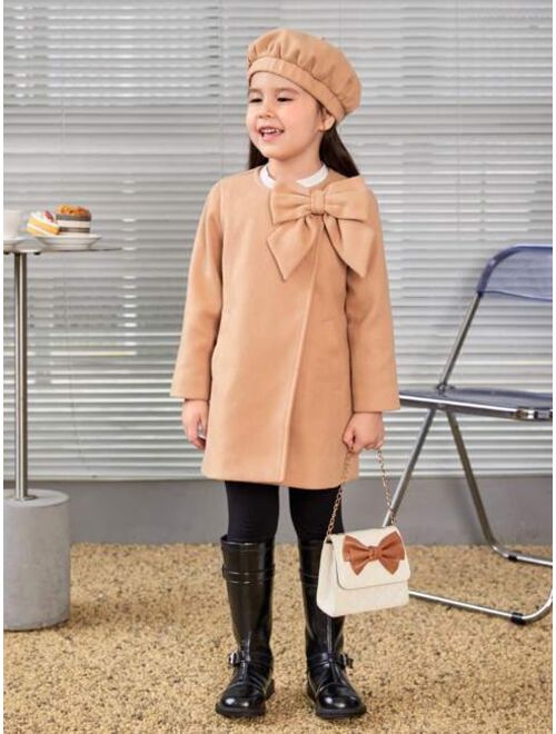 SHEIN Young Girl Bow Front Overcoat & Hat