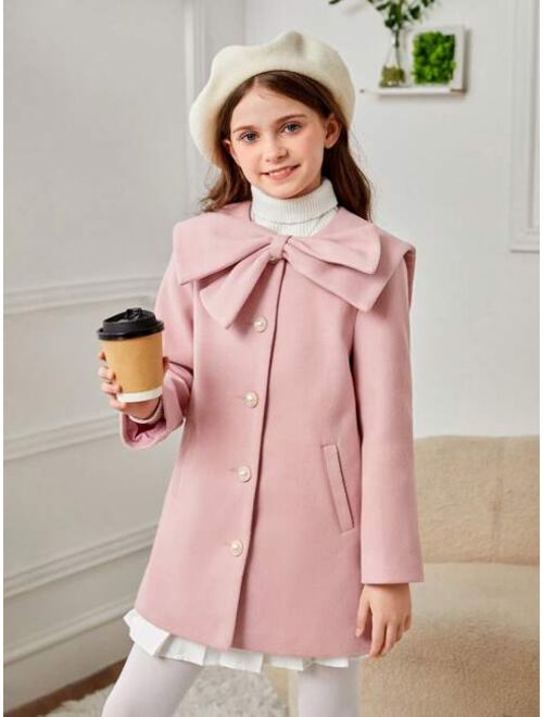 SHEIN Tween Girl Big Bow Button Front Overcoat