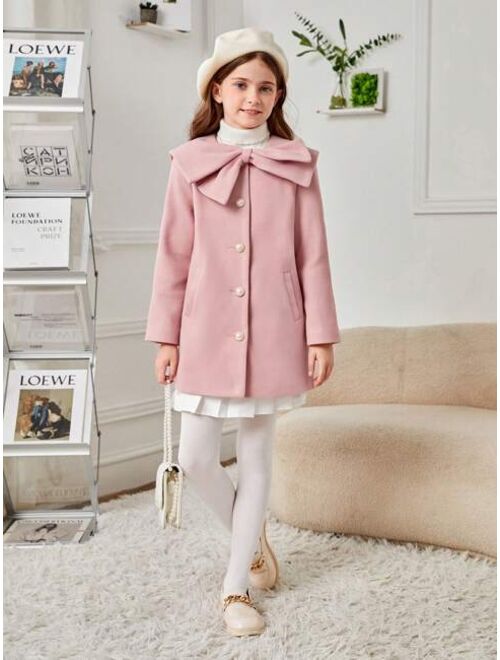 SHEIN Tween Girl Big Bow Button Front Overcoat