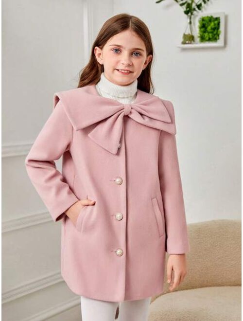 SHEIN Tween Girl Big Bow Button Front Overcoat