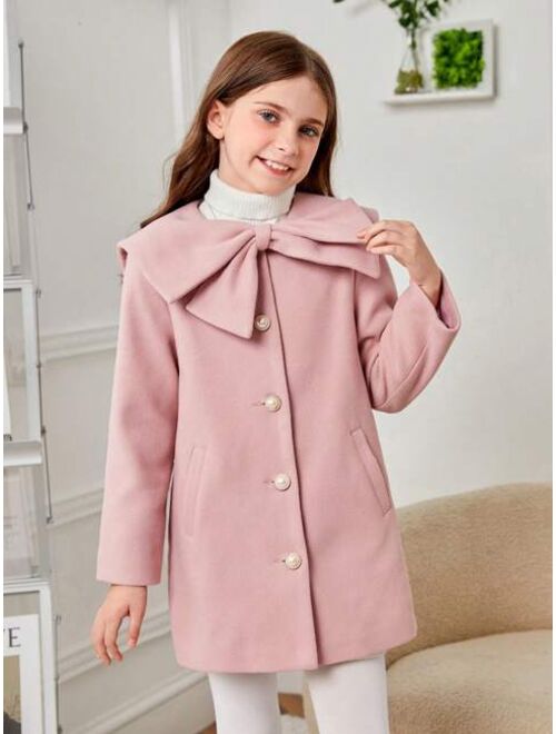 SHEIN Tween Girl Big Bow Button Front Overcoat