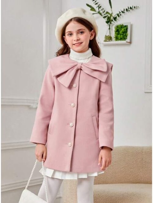 SHEIN Tween Girl Big Bow Button Front Overcoat