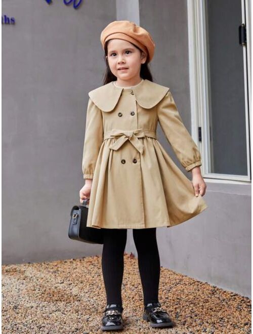 SHEIN Little Girls' Double-breasted Coat With Large Lapel, Puff Sleeve And Tie For Waist Decoration