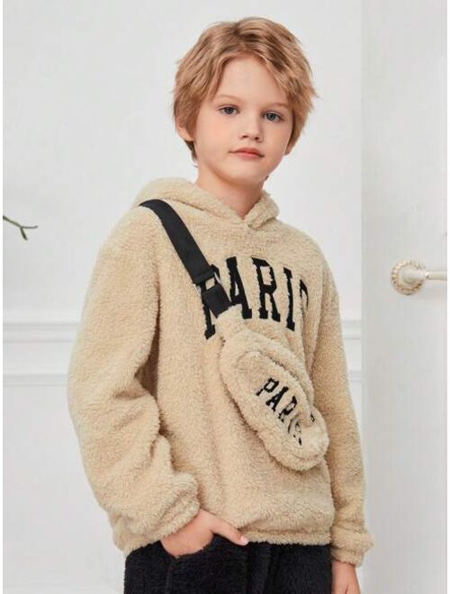 SHEIN Kids EVRYDAY Tween Boy Letter Embroidery Teddy Hoodie & Bag