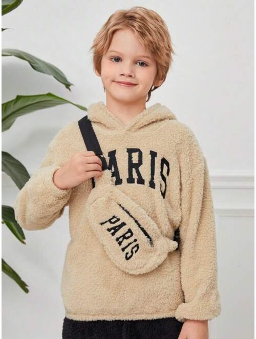 SHEIN Kids EVRYDAY Tween Boy Letter Embroidery Teddy Hoodie & Bag