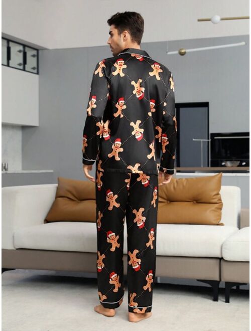 Men Christmas Print Contrast Piping Satin PJ Set