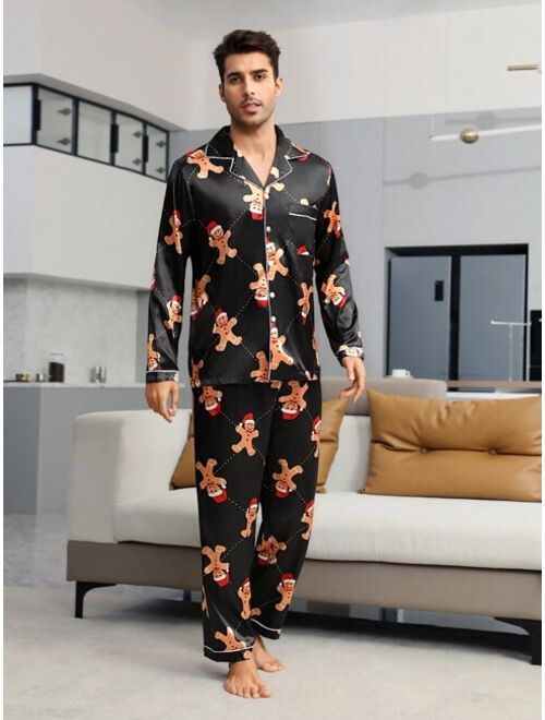 Men Christmas Print Contrast Piping Satin PJ Set