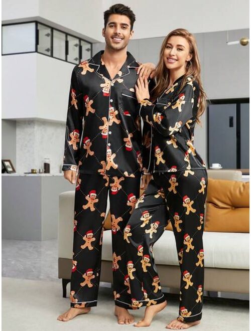 Men Christmas Print Contrast Piping Satin PJ Set