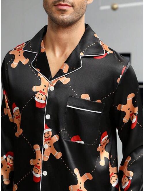 Men Christmas Print Contrast Piping Satin PJ Set