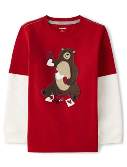 Boys' and Toddler Fall and Holiday Embroidered Graphic Long Sleeve T-Shirts