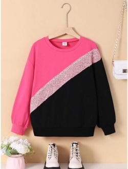 Kids EVRYDAY Girls Contrast Sequins Colorblock Drop Shoulder Sweatshirt