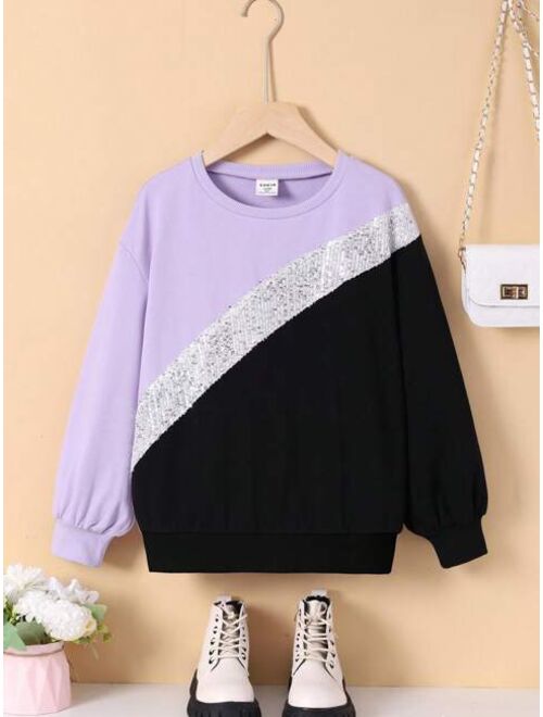 SHEIN Kids EVRYDAY Girls Contrast Sequins Colorblock Drop Shoulder Sweatshirt