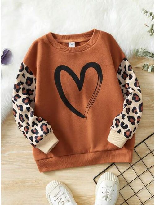 SHEIN Tween Girl Heart Leopard Print Drop Shoulder Sweatshirt