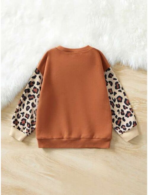 SHEIN Tween Girl Heart Leopard Print Drop Shoulder Sweatshirt