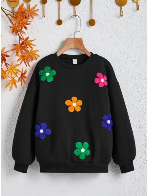 SHEIN Kids Y2Kool Girls Floral Patched Drop Shoulder Pullover