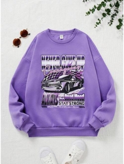 Teen Girl Car Letter Graphic Drop Shoulder Pullover