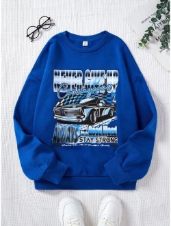 Teen Girl Car Letter Graphic Drop Shoulder Pullover