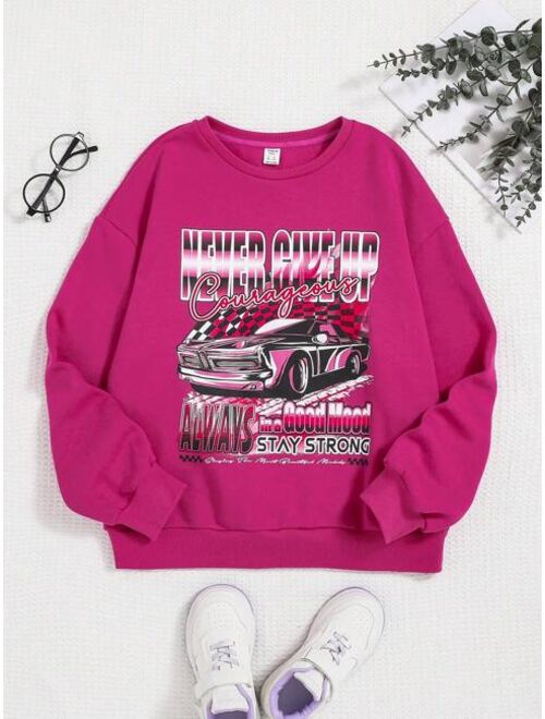 SHEIN Teen Girl Car Letter Graphic Drop Shoulder Pullover