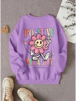 Kids Cooltwn Girls Slogan Cartoon Graphic Drop Shoulder Thermal Sweatshirt