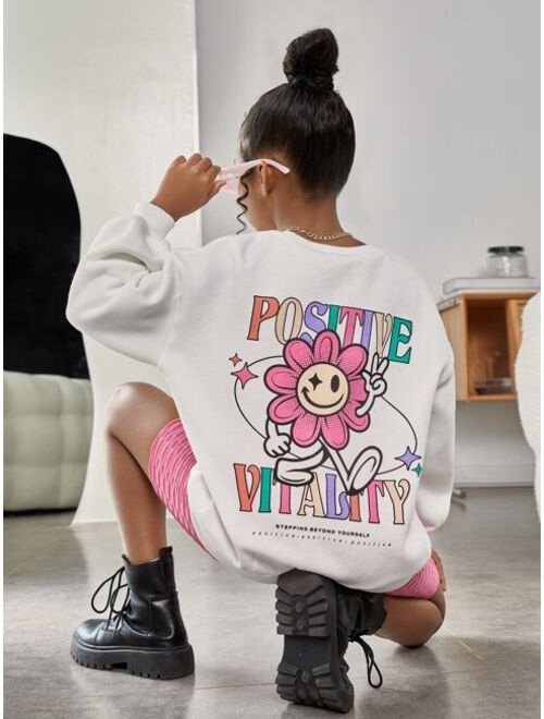 SHEIN Kids Cooltwn Girls Slogan Cartoon Graphic Drop Shoulder Thermal Sweatshirt