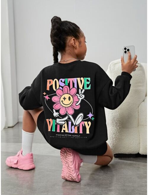 SHEIN Kids Cooltwn Girls Slogan Cartoon Graphic Drop Shoulder Thermal Sweatshirt