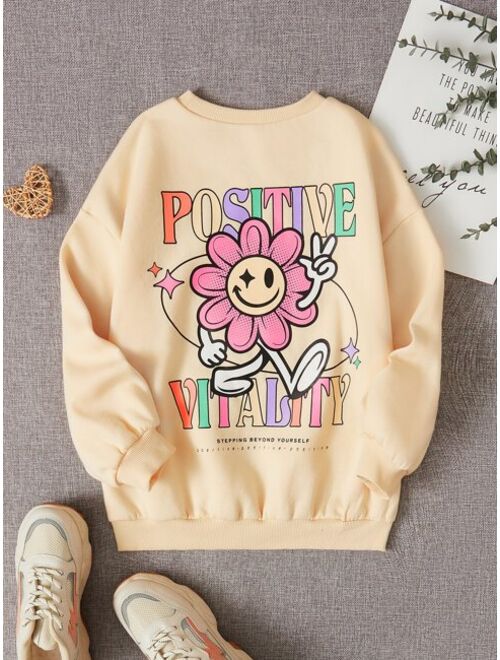 SHEIN Kids Cooltwn Girls Slogan Cartoon Graphic Drop Shoulder Thermal Sweatshirt