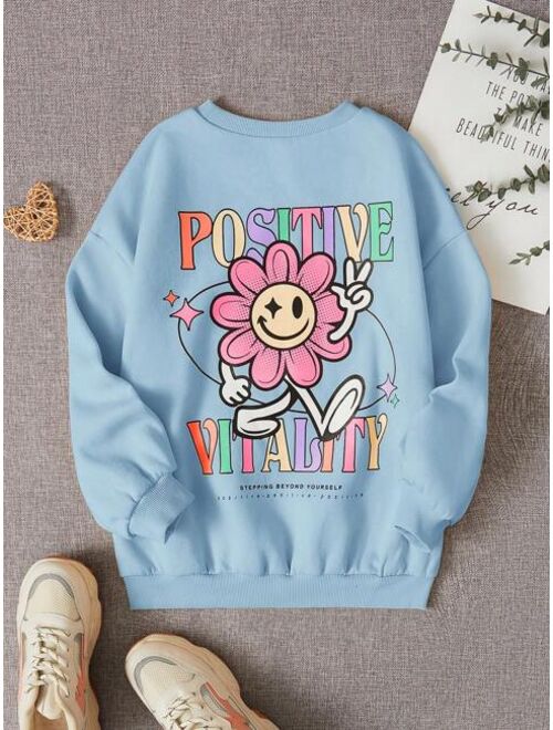 SHEIN Kids Cooltwn Girls Slogan Cartoon Graphic Drop Shoulder Thermal Sweatshirt