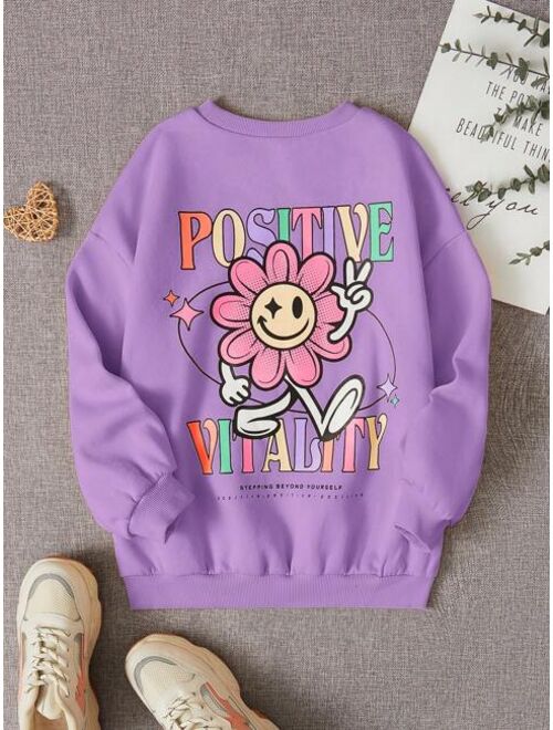 SHEIN Kids Cooltwn Girls Slogan Cartoon Graphic Drop Shoulder Thermal Sweatshirt