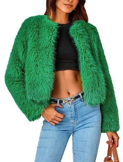 Women's 2023 Winter Coats Fleece Cropped Jacket Faux Fur Long Sleeve Pockets Shaggy Warm Outerwear Fall Clothes