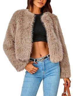 Women's 2023 Winter Coats Fleece Cropped Jacket Faux Fur Long Sleeve Pockets Shaggy Warm Outerwear Fall Clothes