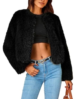 Women's 2023 Winter Coats Fleece Cropped Jacket Faux Fur Long Sleeve Pockets Shaggy Warm Outerwear Fall Clothes