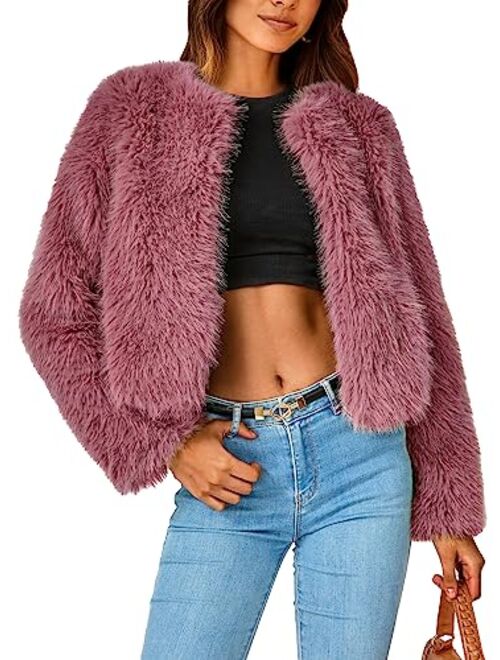 PRETTYGARDEN Women's 2023 Winter Coats Fleece Cropped Jacket Faux Fur Long Sleeve Pockets Shaggy Warm Outerwear Fall Clothes