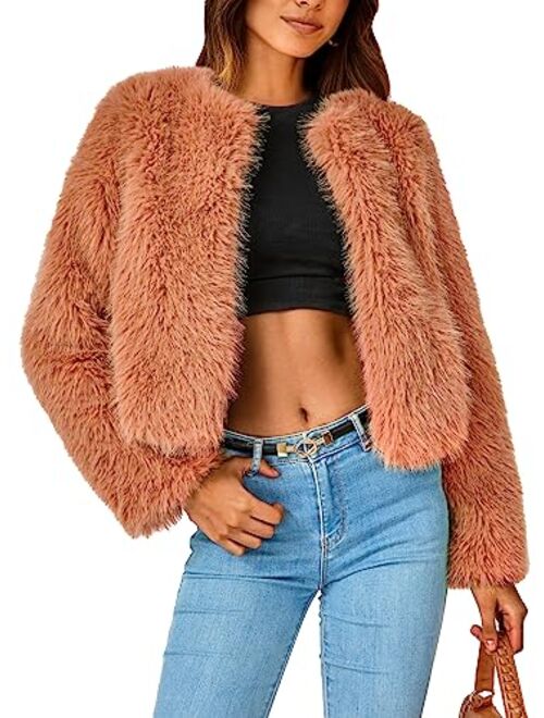 PRETTYGARDEN Women's 2023 Winter Coats Fleece Cropped Jacket Faux Fur Long Sleeve Pockets Shaggy Warm Outerwear Fall Clothes