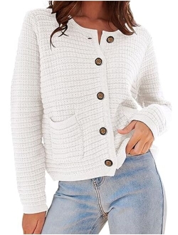 Womens 2023 Cardigan Sweaters Fall Open Front Button Down Long Sleeve Pockets Casual Chunky Knit Shirt Outerwear