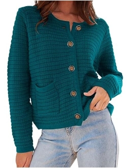 Womens 2023 Cardigan Sweaters Fall Open Front Button Down Long Sleeve Pockets Casual Chunky Knit Shirt Outerwear